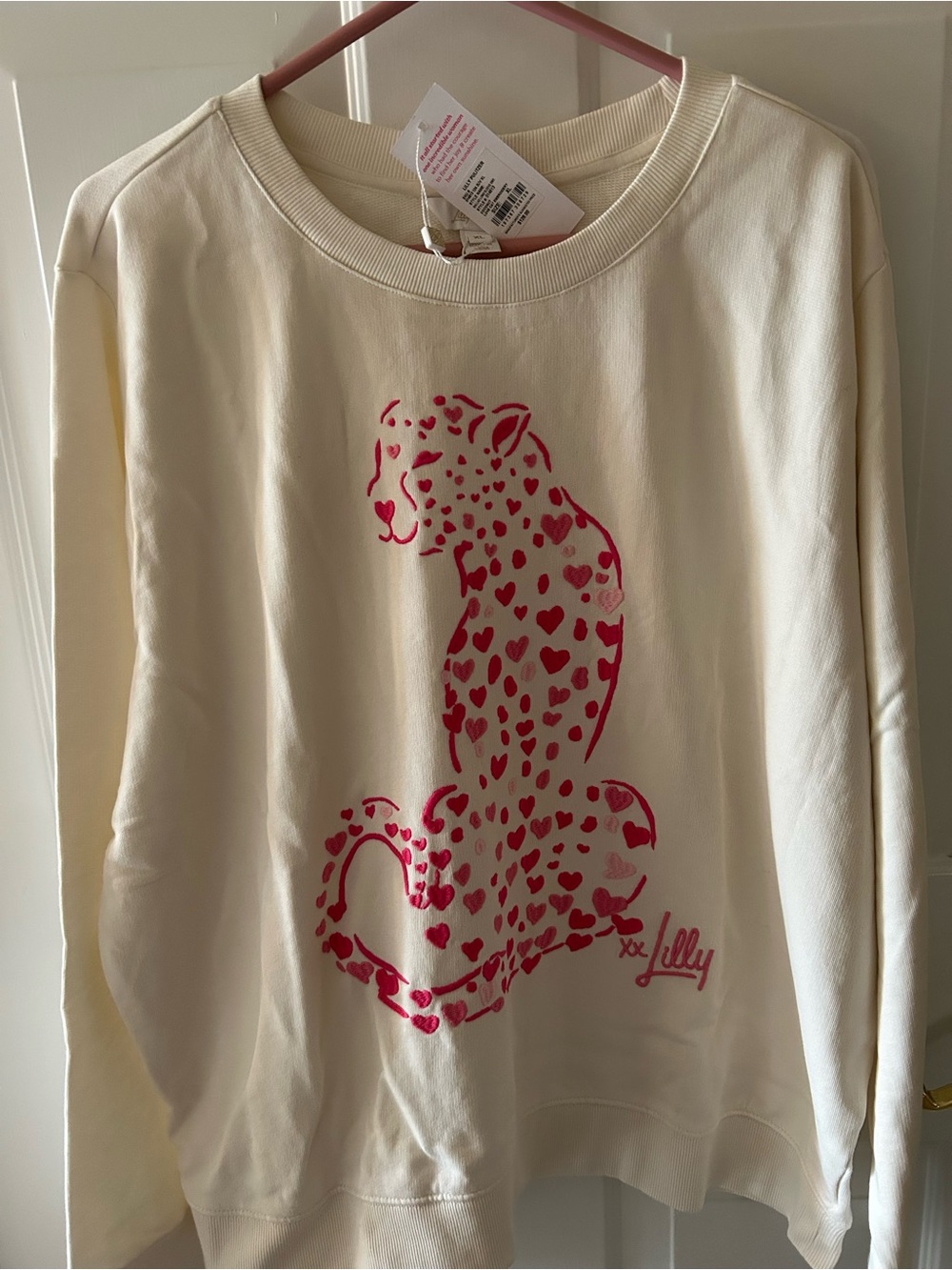 Lilly Pulitzer Ballad Sweatshirt Leopard Print Cat Embroidery Pink Heart New xl